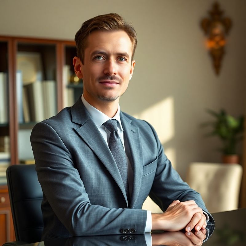 Finanční poradce v šedém obleku sedící u pracovního stolu